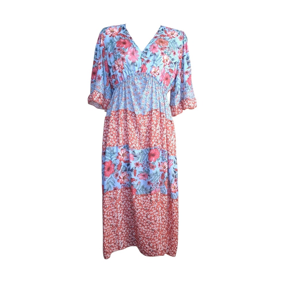 Fashion Women's Midi Dress Size L Baby‎ Blue/Orange Floral Short Sleeves